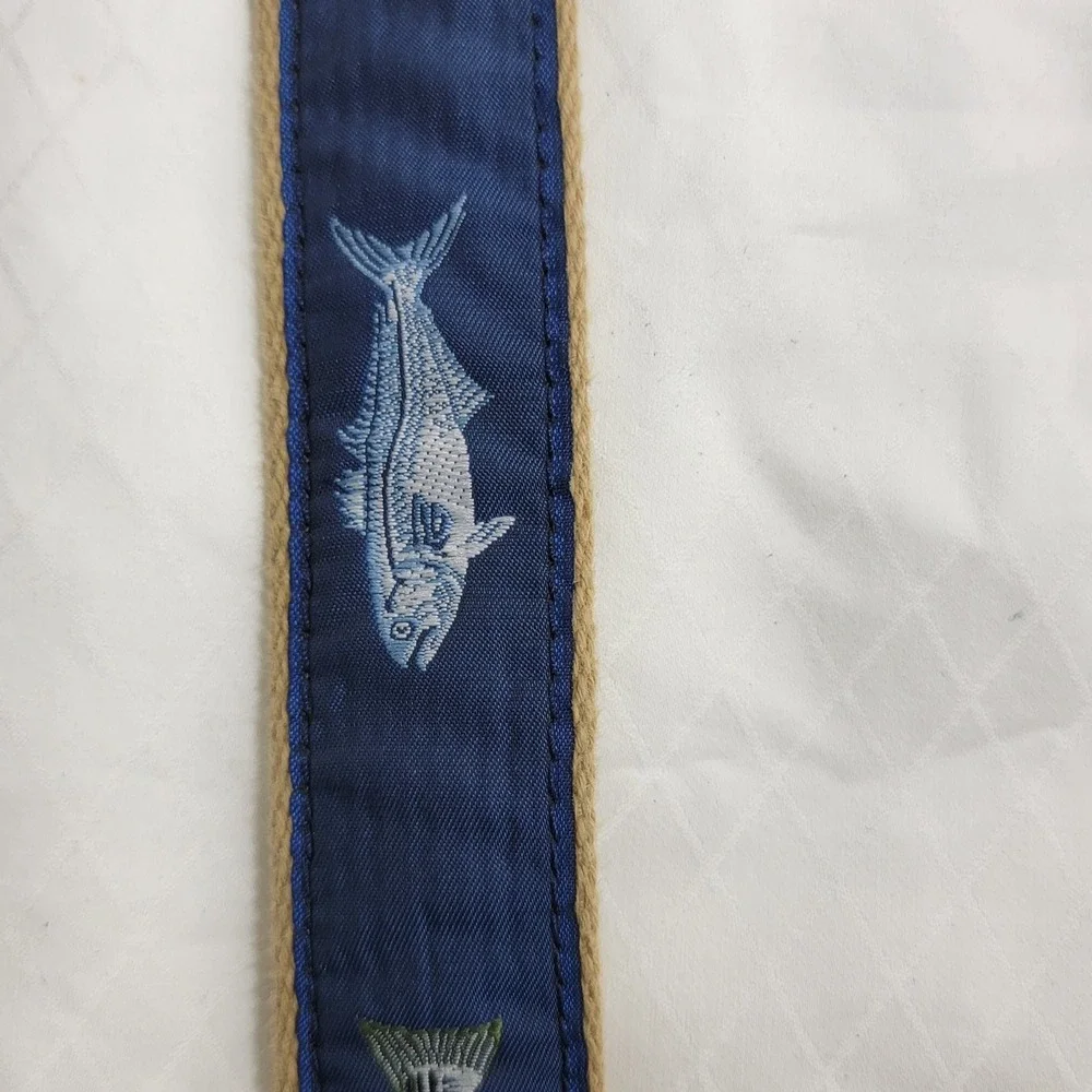 Leather Man Ltd Mens Navy Blue Canvas Leather Web Belt Fish Tuna Marlin Size 28